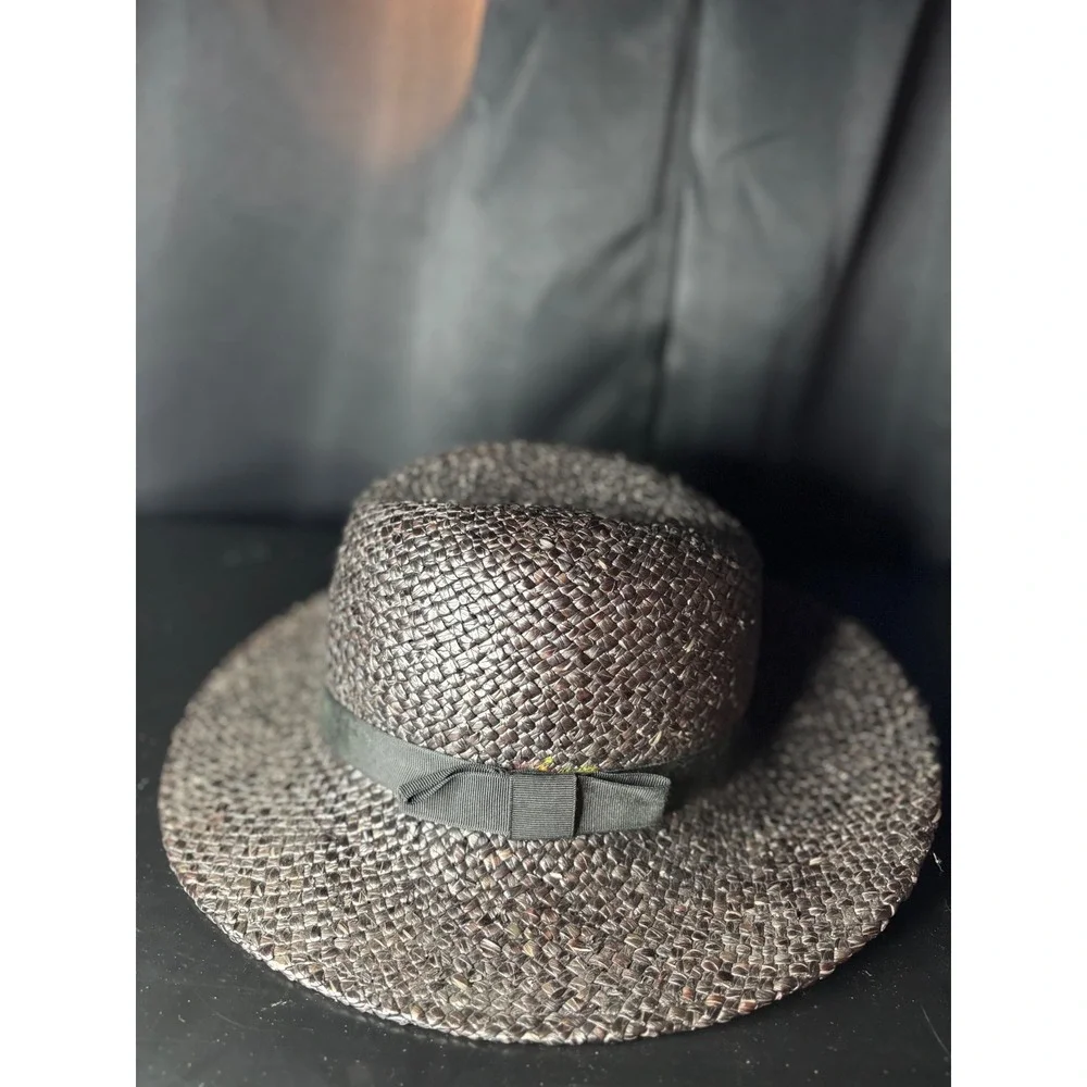 Classic Woven Straw Fedora Hat Dark Brown Grosgrain Ribbon Bow Sun Hat